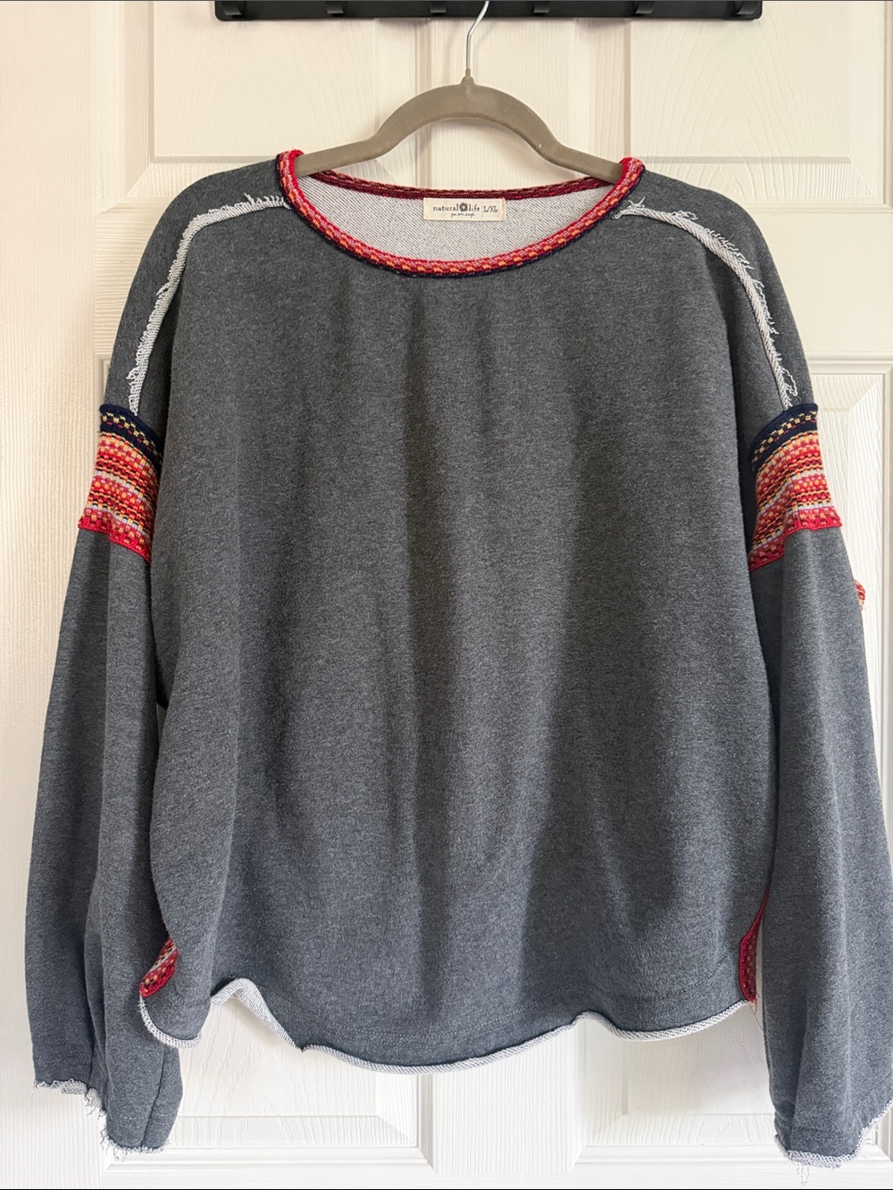 Natural Life Gray Boho Embroidered Sweatshirt Tapestry Trim L/XL